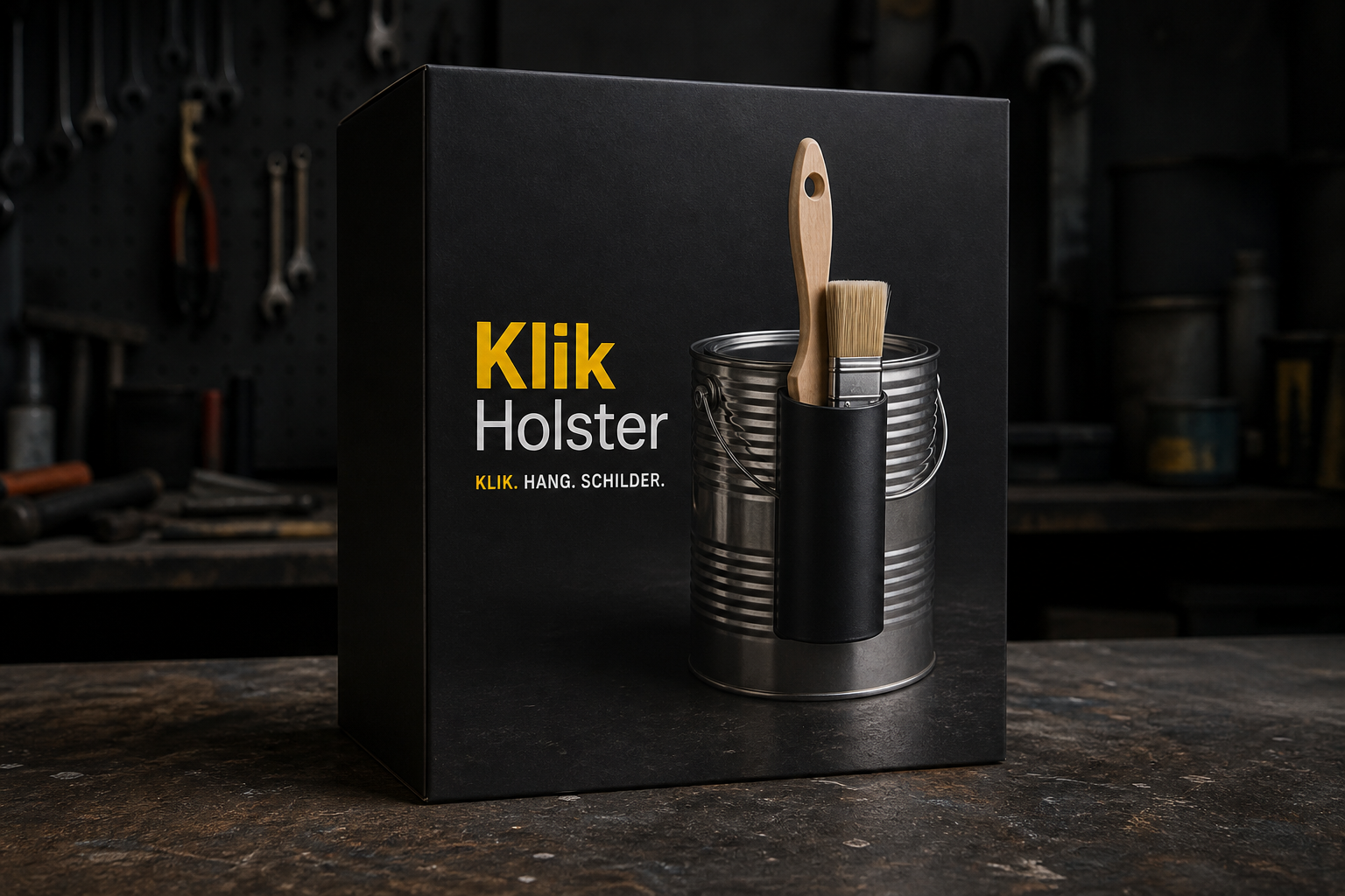 Matzwarte KlikHolster-doos op de werkbank: cilinder op ijzeren blik, tagline Klik. Hang. Schilder.